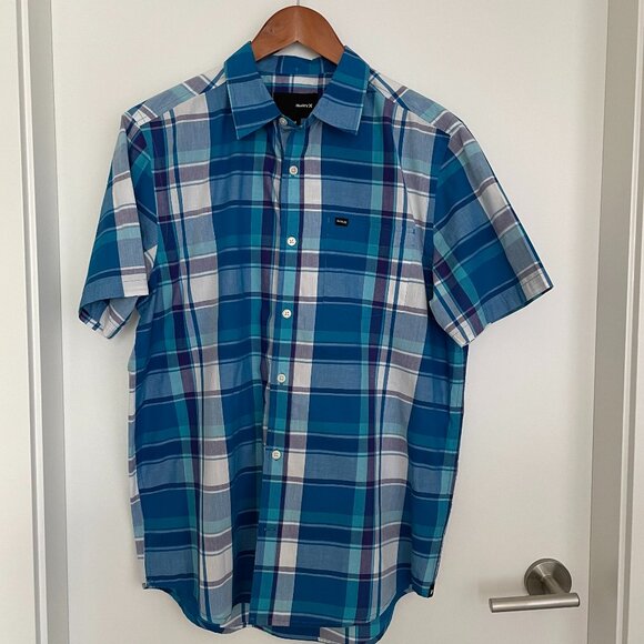 Hurley Men's Short Sleeve Button Down Shirt Blue Medium - Picture 1 of 4